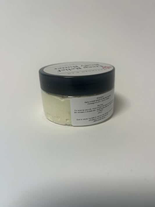 Maythorn & Co Deep Relief Body Butter jar with textured lid and creamy body butter inside.