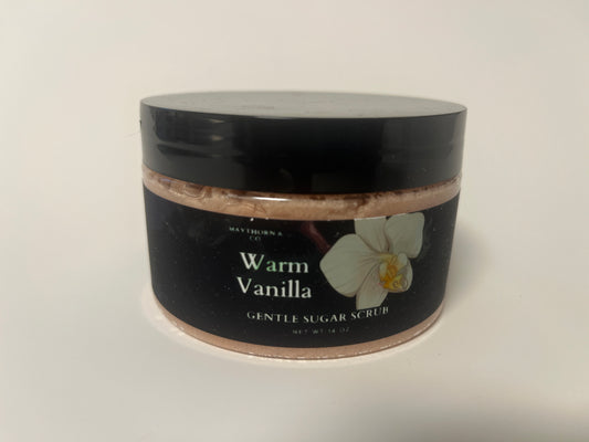 Maythorn & Co Warm Vanilla Body Scrub jar with textured vanilla-scented scrub and natural ingredients for smooth skin.