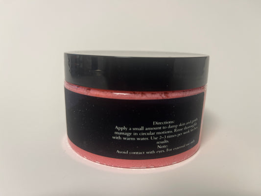 Maythorn & Co Strawberry Citrus Body Scrub jar with textured pink and orange scrub, showcasing natural ingredients and fresh fruit scents.